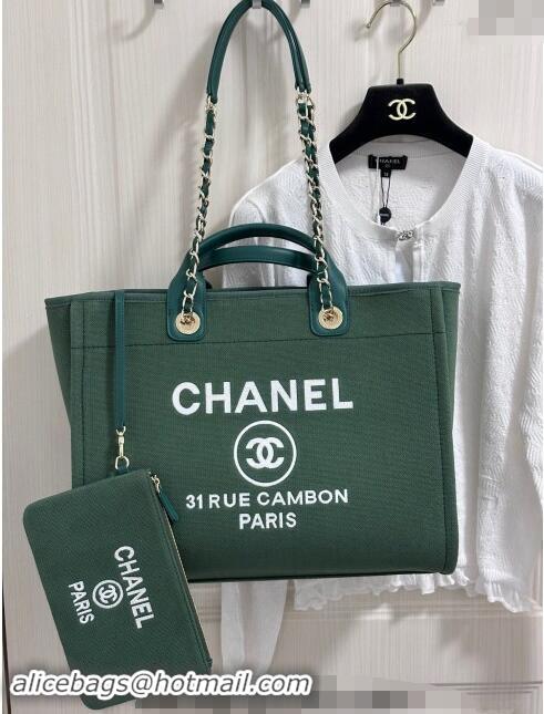 New Design Chanel Deauville Cotton & Calfskin Large Shopping Bag A66941 Olive Green 2024