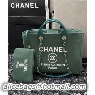 Stylish Cheap Chanel Deauville Cotton & Calfskin Medium Shopping Bag A67001 Olive Green 2024