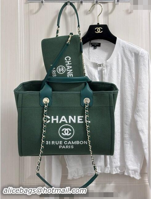 Stylish Cheap Chanel Deauville Cotton & Calfskin Medium Shopping Bag A67001 Olive Green 2024