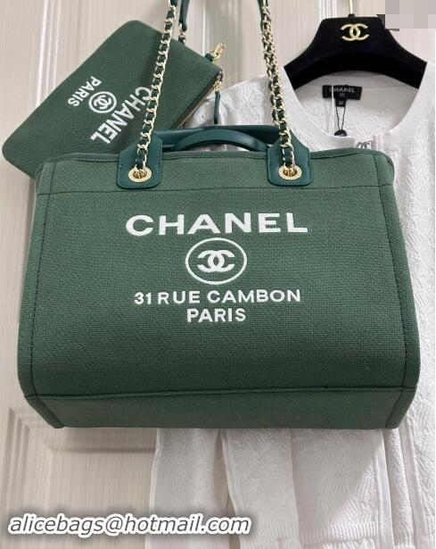 Stylish Cheap Chanel Deauville Cotton & Calfskin Medium Shopping Bag A67001 Olive Green 2024