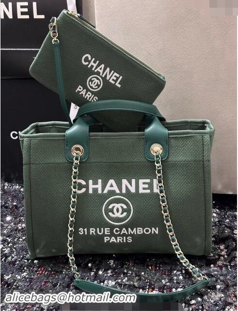 Stylish Cheap Chanel Deauville Cotton & Calfskin Medium Shopping Bag A67001 Olive Green 2024