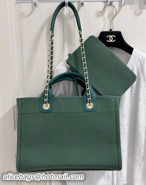 Stylish Cheap Chanel Deauville Cotton & Calfskin Medium Shopping Bag A67001 Olive Green 2024