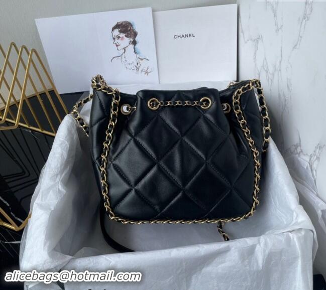 New Design Chanel Quilted Lambskin Small Bucket Bag with Chain AS5094 Black 2024