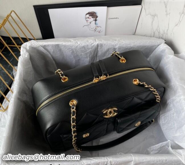 Reasonable Price Chanel Shiny Calfskin Large Bowling Bag with Pockets AS4933 Black 2024