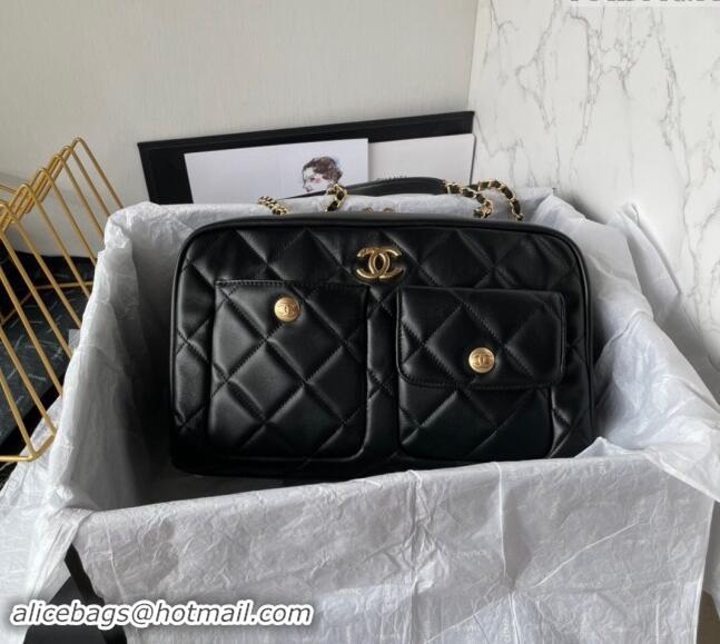 Reasonable Price Chanel Shiny Calfskin Large Bowling Bag with Pockets AS4933 Black 2024