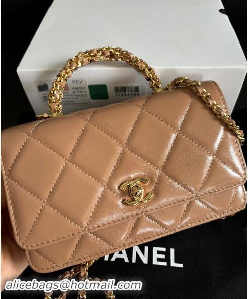 Buy Cheap Chanel Lambskin Wallet on Chain WOC with Top Handle AP4166 Dark Beige 2024