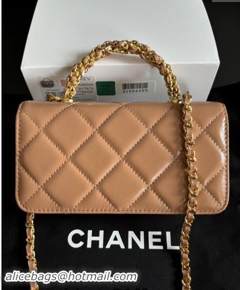 New Product Chanel Lambskin Clutch with Chain and Top Handle A96099 Dark Beige 2024