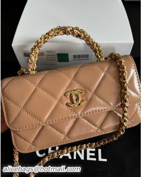 New Product Chanel Lambskin Clutch with Chain and Top Handle A96099 Dark Beige 2024