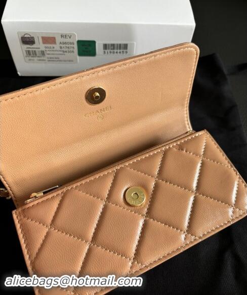 New Product Chanel Lambskin Clutch with Chain and Top Handle A96099 Dark Beige 2024