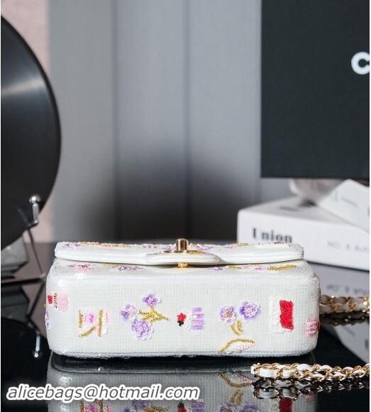 Most Popular Chanel Camellia Sequins Mini Flap Bag 0927 White 2024