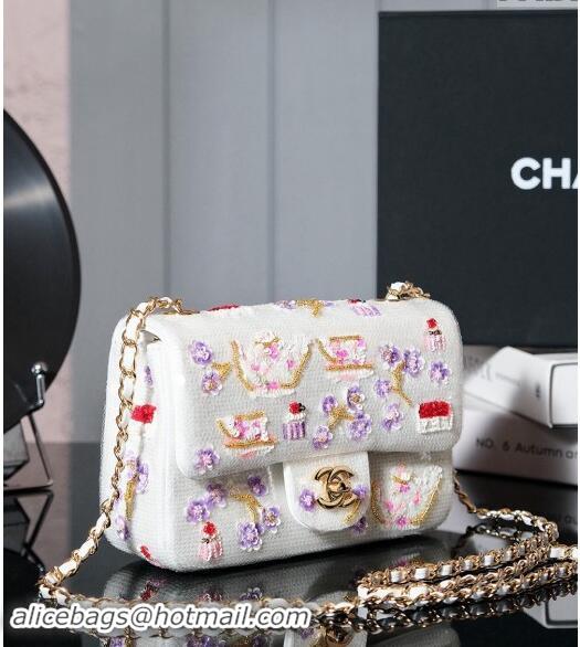 Most Popular Chanel Camellia Sequins Mini Flap Bag 0927 White 2024