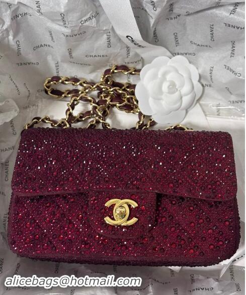 New Product Chanel Mini Classic Flap bag with Strass A69900 Burgundy 2024