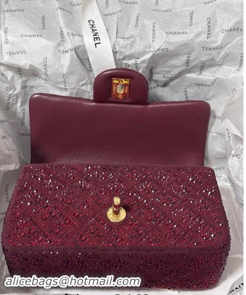 New Product Chanel Mini Classic Flap bag with Strass A69900 Burgundy 2024