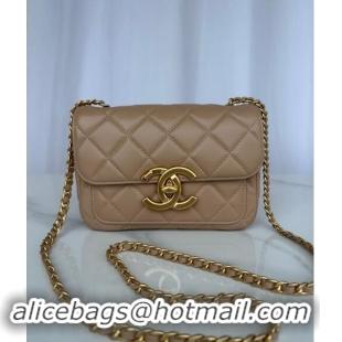 New Product Chanel Shiny Lambskin Mini Flap Bag with Maxi CC Buckle AS5026 Beige Leather 2024