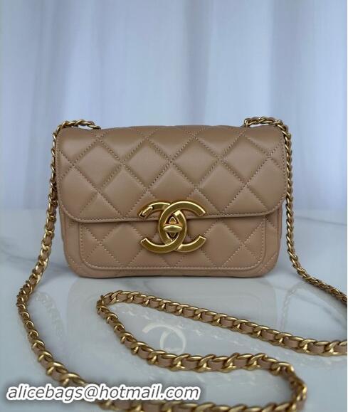 New Product Chanel Shiny Lambskin Mini Flap Bag with Maxi CC Buckle AS5026 Beige Leather 2024