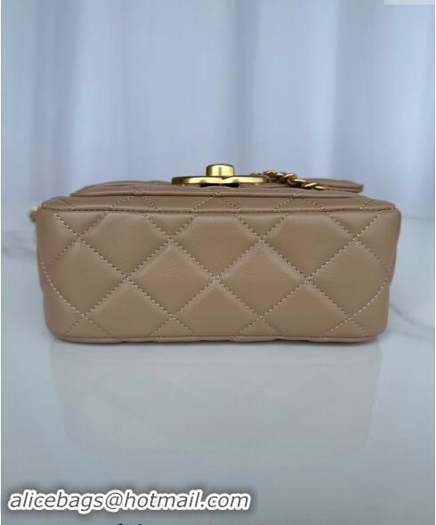 New Product Chanel Shiny Lambskin Mini Flap Bag with Maxi CC Buckle AS5026 Beige Leather 2024