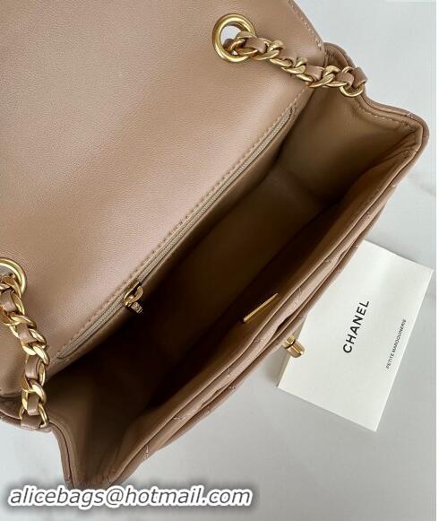 New Product Chanel Shiny Lambskin Mini Flap Bag with Maxi CC Buckle AS5026 Beige Leather 2024