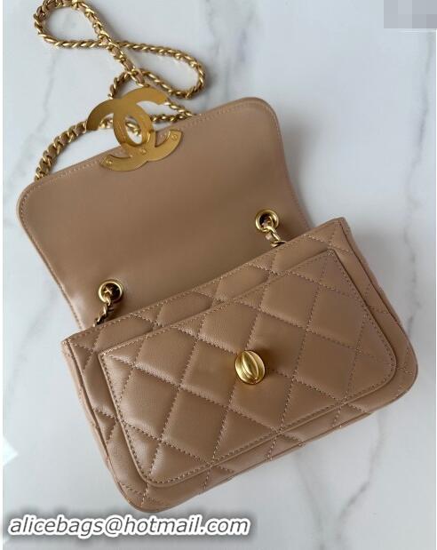 New Product Chanel Shiny Lambskin Mini Flap Bag with Maxi CC Buckle AS5026 Beige Leather 2024