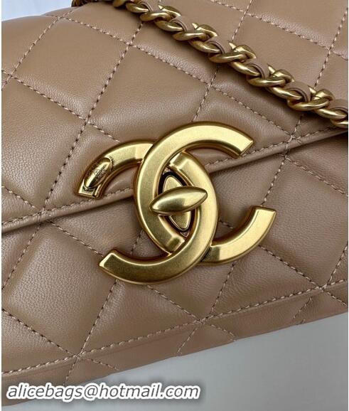 New Product Chanel Shiny Lambskin Mini Flap Bag with Maxi CC Buckle AS5026 Beige Leather 2024