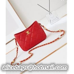 Top Grade Chanel Calfskin Crossbody Mini bag with Metal-Tone and Pearls AS4949 Red 2024