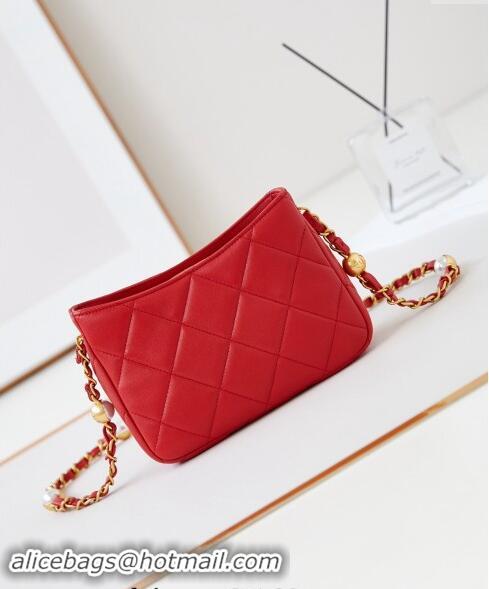 Top Grade Chanel Calfskin Crossbody Mini bag with Metal-Tone and Pearls AS4949 Red 2024