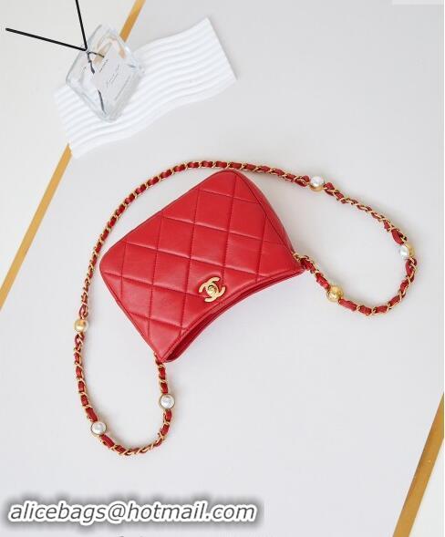 Top Grade Chanel Calfskin Crossbody Mini bag with Metal-Tone and Pearls AS4949 Red 2024