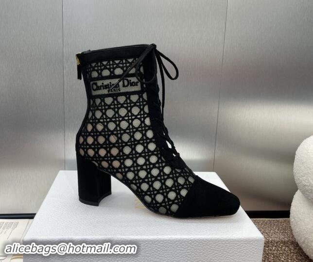 Best Product Dior Naughtily-D Heeled Ankle Boot in Mesh Embroidered with Black Cannage Motif and Suede 6.5cm Heel 092909