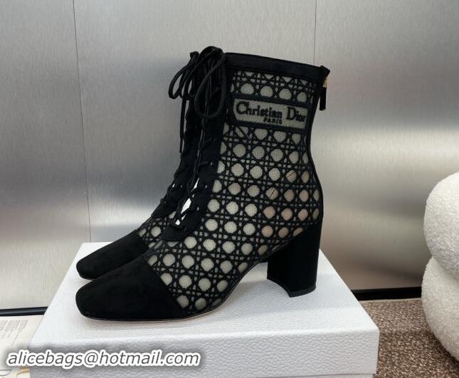 Best Product Dior Naughtily-D Heeled Ankle Boot in Mesh Embroidered with Black Cannage Motif and Suede 6.5cm Heel 092909