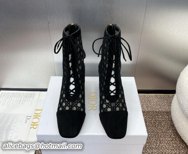 Best Product Dior Naughtily-D Heeled Ankle Boot in Mesh Embroidered with Black Cannage Motif and Suede 6.5cm Heel 092909