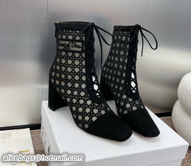 Best Product Dior Naughtily-D Heeled Ankle Boot in Mesh Embroidered with Black Cannage Motif and Suede 6.5cm Heel 092909