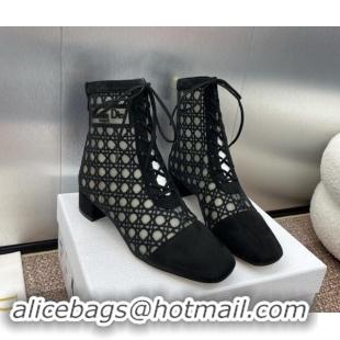 Charming Dior Naughtily-D Heeled Ankle Boot in Mesh Embroidered with Black Cannage Motif and Suede 3.5cm Heel 092911