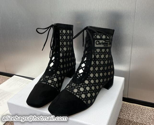 Charming Dior Naughtily-D Heeled Ankle Boot in Mesh Embroidered with Black Cannage Motif and Suede 3.5cm Heel 092911