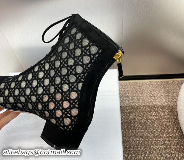 Charming Dior Naughtily-D Heeled Ankle Boot in Mesh Embroidered with Black Cannage Motif and Suede 3.5cm Heel 092911