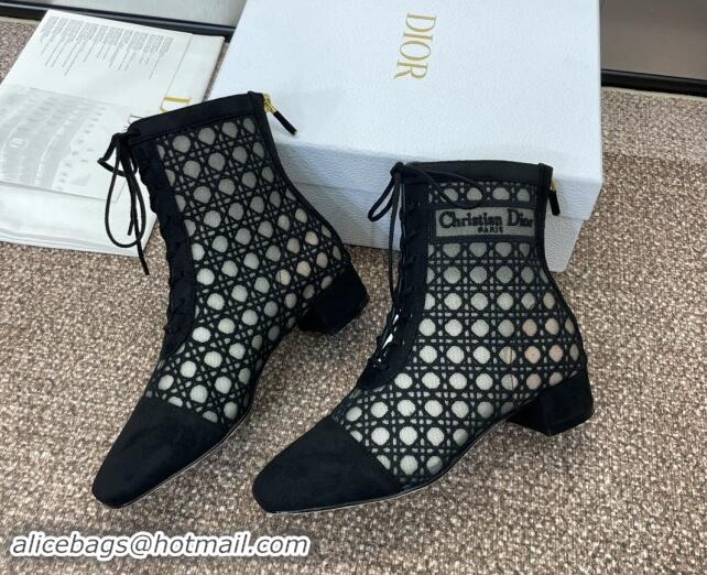 Charming Dior Naughtily-D Heeled Ankle Boot in Mesh Embroidered with Black Cannage Motif and Suede 3.5cm Heel 092911