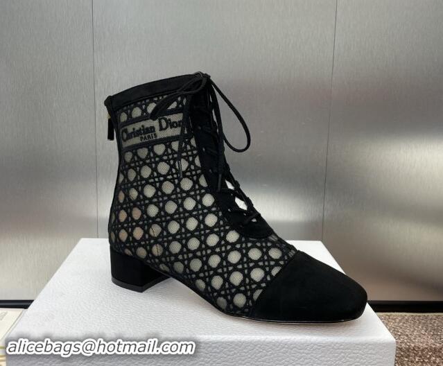 Charming Dior Naughtily-D Heeled Ankle Boot in Mesh Embroidered with Black Cannage Motif and Suede 3.5cm Heel 092911