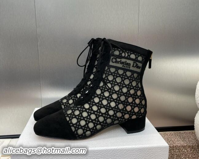 Charming Dior Naughtily-D Heeled Ankle Boot in Mesh Embroidered with Black Cannage Motif and Suede 3.5cm Heel 092911