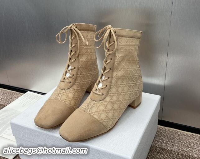 Luxury Cheap Dior Naughtily-D Heeled Ankle Boot in Mesh Embroidered with Nude Cannage Motif and Suede 3.5cm Heel 092912