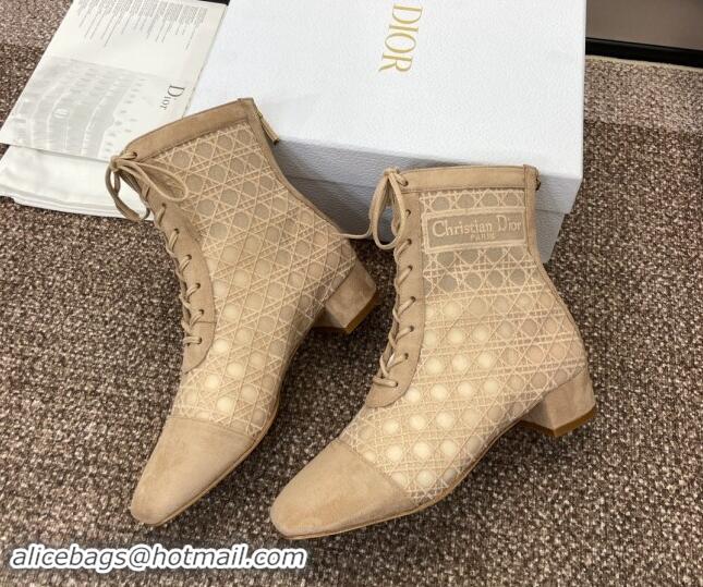 Luxury Cheap Dior Naughtily-D Heeled Ankle Boot in Mesh Embroidered with Nude Cannage Motif and Suede 3.5cm Heel 092912