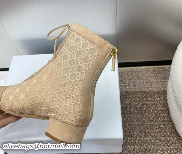 Luxury Cheap Dior Naughtily-D Heeled Ankle Boot in Mesh Embroidered with Nude Cannage Motif and Suede 3.5cm Heel 092912