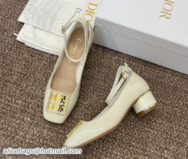 Top Design Dior Miss Dior Pump 3.5cm with Ankle Strap in Patent Calfskin White 0930005