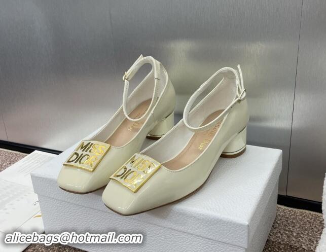 Top Design Dior Miss Dior Pump 3.5cm with Ankle Strap in Patent Calfskin White 0930005