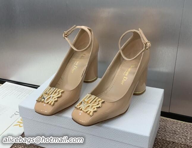 1:1 aaaaa Dior Miss Dior Pump 8.5cm with Ankle Strap in Patent Calfskin Beige 930008