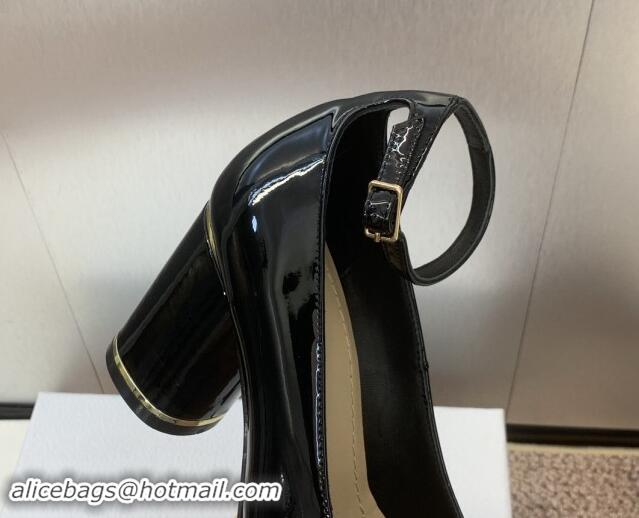 Grade Quality Dior Miss Dior Pump 8.5cm with Ankle Strap in Patent Calfskin Black 930009