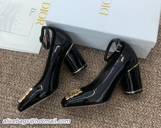 Grade Quality Dior Miss Dior Pump 8.5cm with Ankle Strap in Patent Calfskin Black 930009