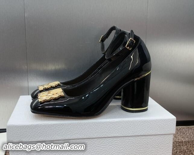 Grade Quality Dior Miss Dior Pump 8.5cm with Ankle Strap in Patent Calfskin Black 930009