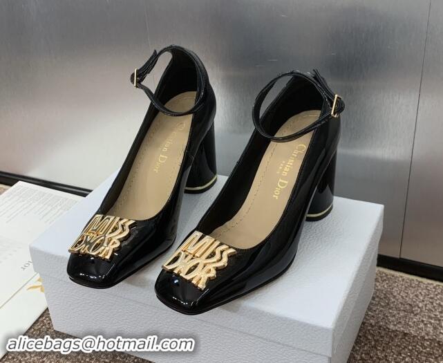 Grade Quality Dior Miss Dior Pump 8.5cm with Ankle Strap in Patent Calfskin Black 930009