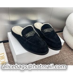 Top Grade Dior Boy Flat Mules in Suede and Shearling Wool Black 930013