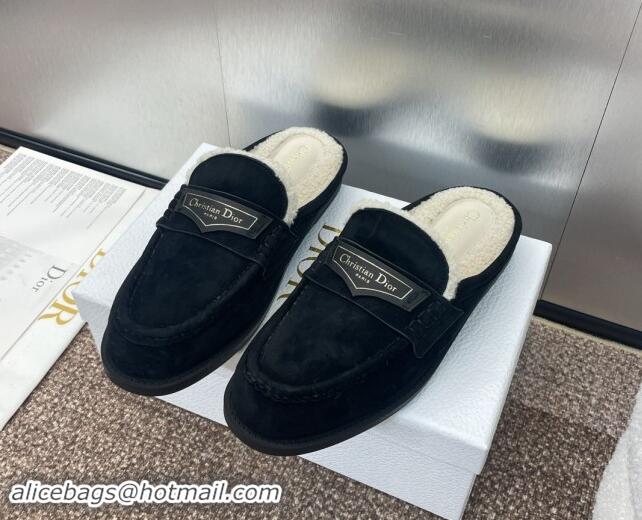 Top Grade Dior Boy Flat Mules in Suede and Shearling Wool Black 930013