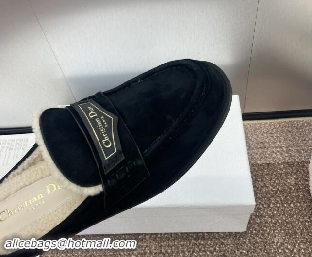 Top Grade Dior Boy Flat Mules in Suede and Shearling Wool Black 930013