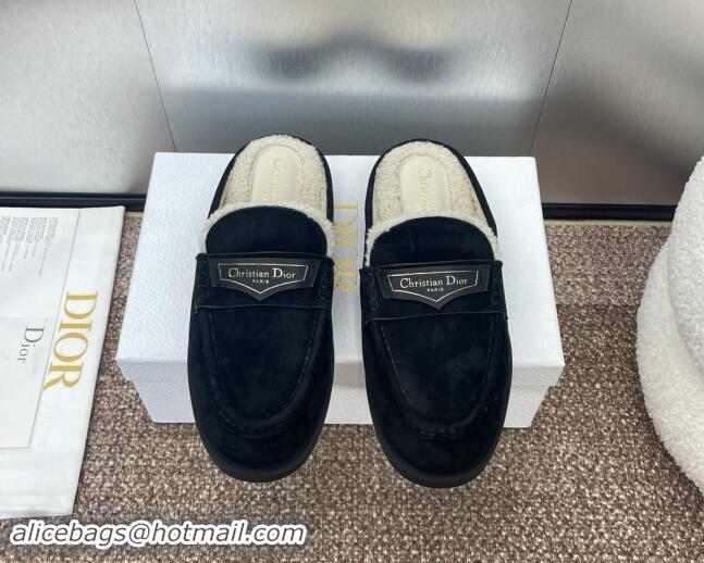 Top Grade Dior Boy Flat Mules in Suede and Shearling Wool Black 930013